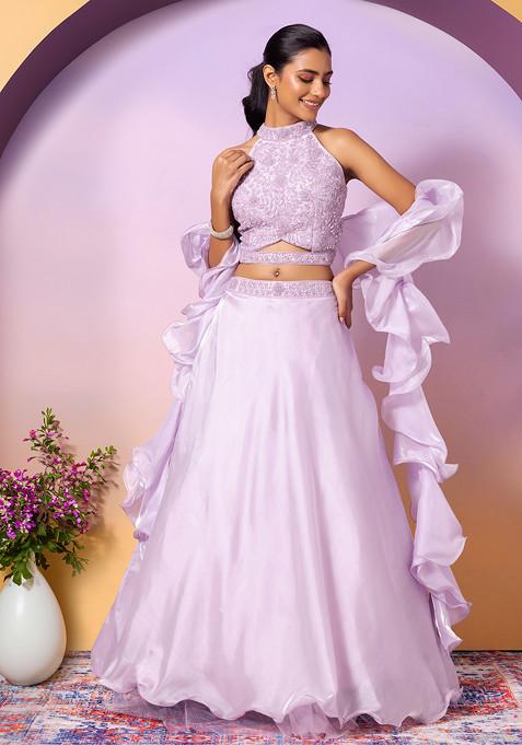 Lilac Shimmer Organza Lehenga Set With Embroidered Halter Blouse And Ruffled Dupatta