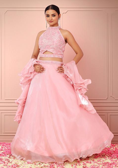 Pink Shimmer Organza Lehenga Set With Embroidered Halter Blouse And Ruffled Dupatta
