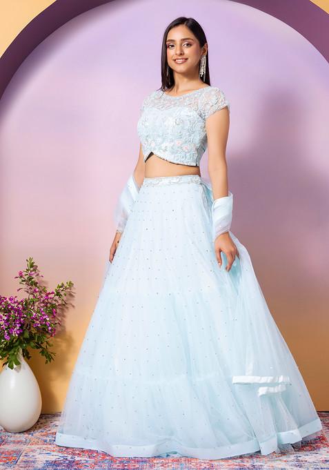 Light Blue Mesh Lehenga Set With Floral Embroidered Blouse And Dupatta