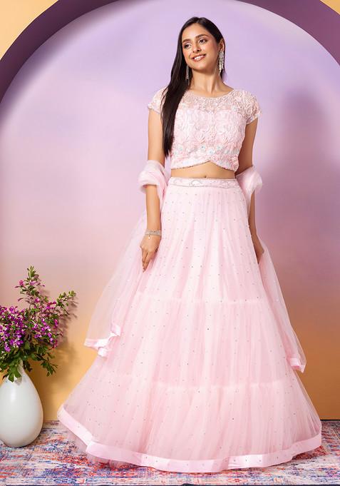Light Pink Mesh Lehenga Set With Floral Embroidered Blouse And Dupatta