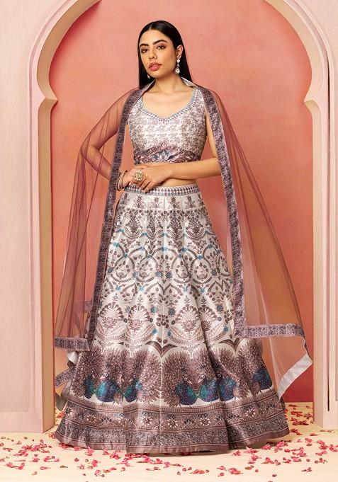 Light Grey Abstract Print Embellished Lehenga Set With Blouse And Dupatta