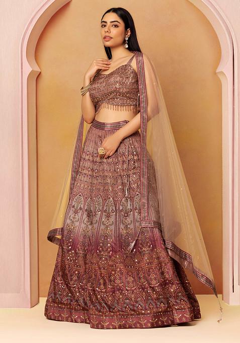 Rusty Rose Abstract Print Embellished Lehenga Set With Blouse And Dupatta