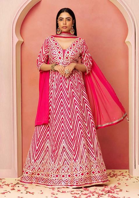 Pink Gota Patti Chevron Embroidered Lehenga Set With Embroidered Blouse And Dupatta