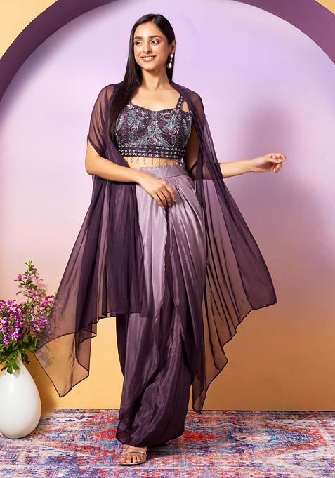 Mauve Ombre Draped Lehenga Set With Floral Embroidered Blouse And Dupatta 