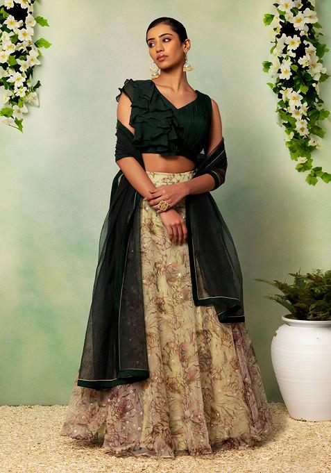 Pastel Green Mirror Embroidered Organza Lehenga Set With Contrast Blouse And Dupatta