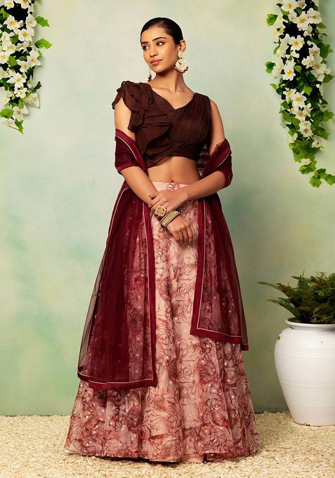 Pink Mirror Embroidered Organza Lehenga Set With Contrast Blouse And Dupatta