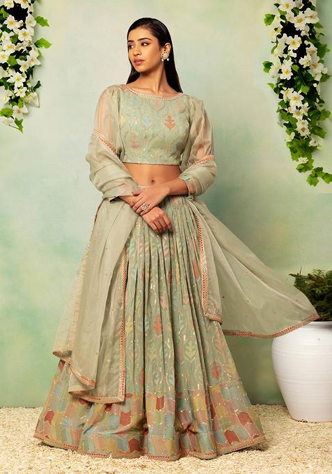 Seafoam Sequin Embroidered Lehenga Set With Blouse And Organza Dupatta