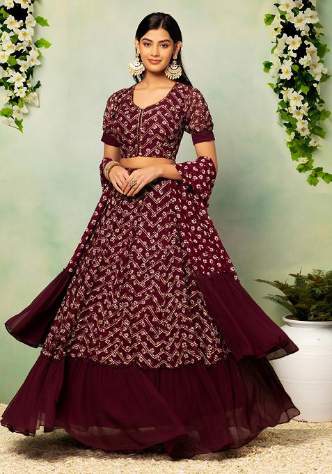 Wine Floral Print Embroidered Lehenga Set With Embroidered Blouse And Dupatta
