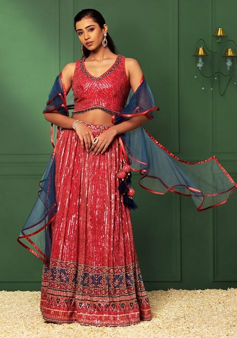 Berry Pink Sequin Embroidered Lehenga Set With Embroidered Blouse And Ruffled Dupatta