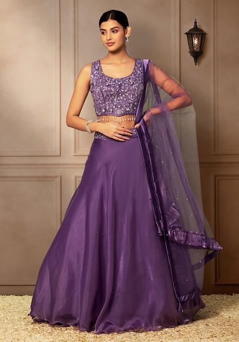Purple Satin Lehenga Set With Sequin Embellished Blouse And Dupatta