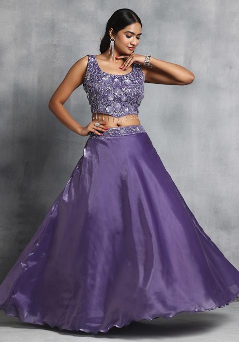 3 pc SET - Fuchsia Satin Lehenga with Lime Green Hand Embroidered Net dupatta and Blouse Fabric