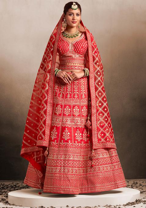 Bright Red Zari Sequin Embroidered Bridal Lehenga And Blouse Set With Dupatta And Belt