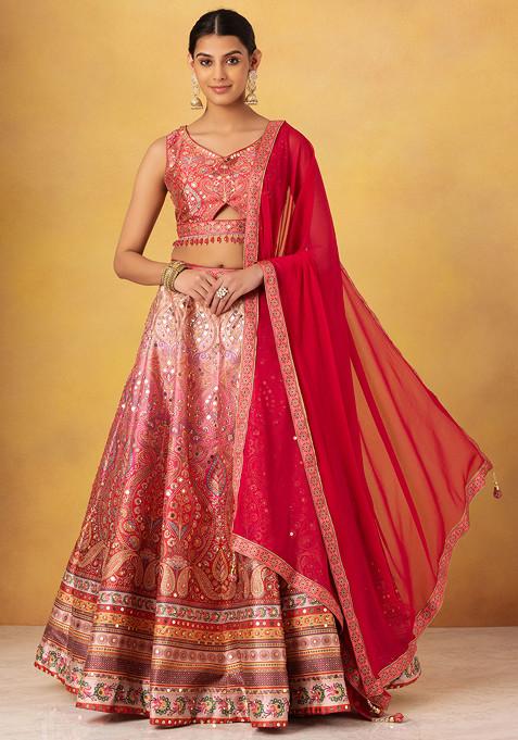 Pink Floral Embellished Silk Lehenga Set With Embroidered Blouse And Dupatta