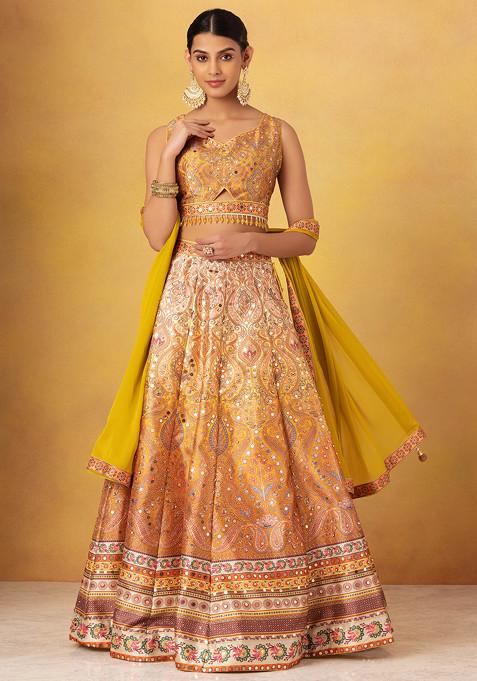 Yellow Floral Embellished Silk Lehenga Set With Embroidered Blouse And Dupatta