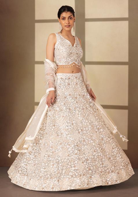 White Floral Embroidered Mesh Lehenga Set With Embroidered Blouse And Dupatta
