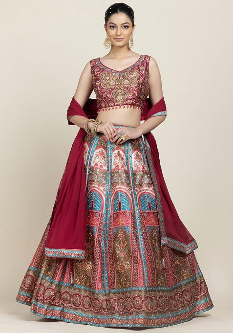 Maroon Floral Embellished Silk Lehenga Set With Embroidered Blouse And Dupatta