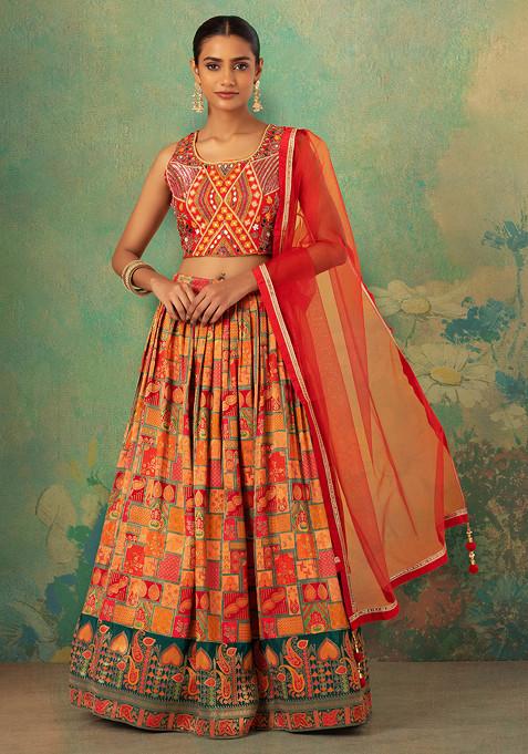Red Abstract Print Brocade Lehenga Set With Embroidered Blouse And Dupatta