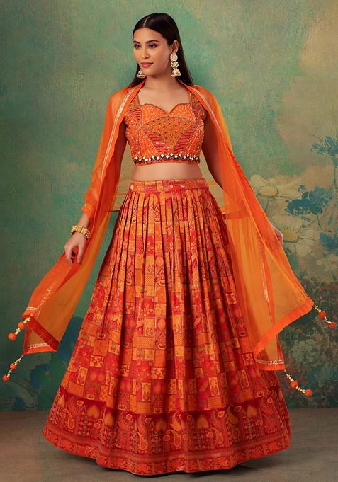 Orange Abstract Print Brocade Lehenga Set With Embroidered Blouse And Dupatta