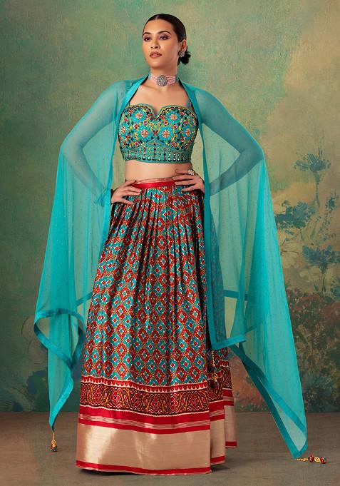 Turquoise Printed Satin Lehenga Set With Embellished Blouse And Dupatta