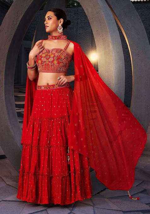 Red Embellished Lehenga And Blouse Set With Choker And Mesh Dupatta