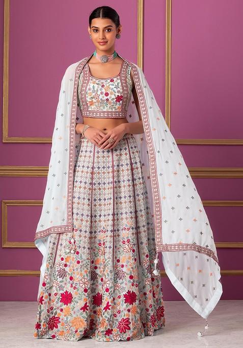 Powder Blue Embroidered Lehenga Set With Embroidered Blouse And Dupatta