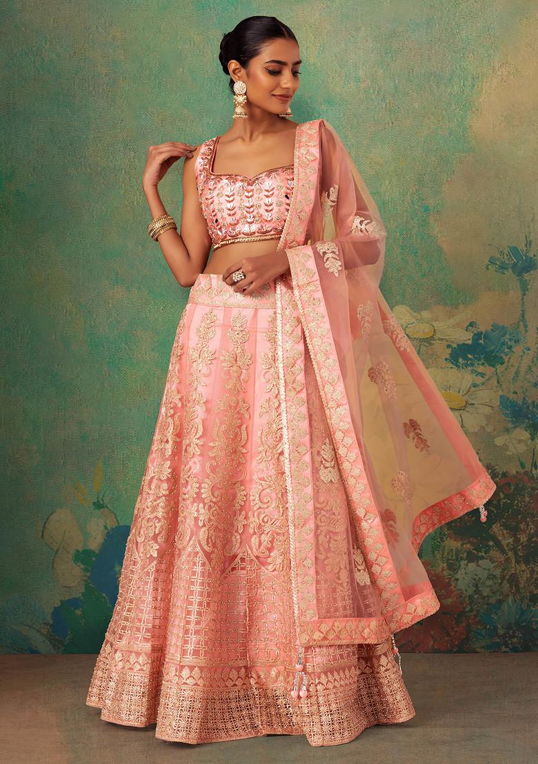 Buy Women Peach Gota Patti Embroidered Mesh Lehenga Set With ...