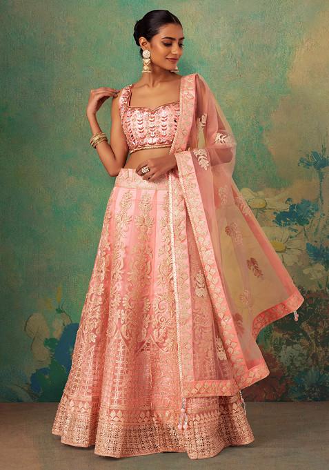 Peach Gota Patti Embroidered Mesh Lehenga Set With Embellished Blouse And Dupatta