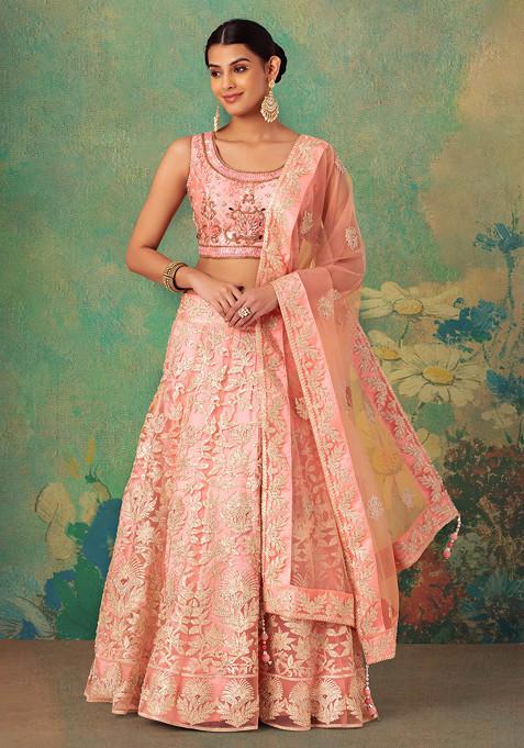 Pastel Pink Floral Embellished Mesh Lehenga Set With Embroidered Blouse And Dupatta