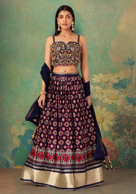 Navy Blue Abstract Print Satin Lehenga Set With Embroidered Blouse And Dupatta