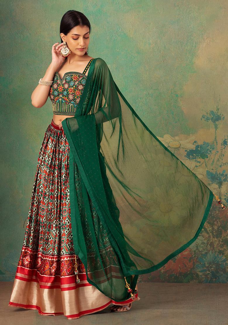 Orange Jacquard Silk Lehenga Choli with Green Dupatta - Dress me Royal