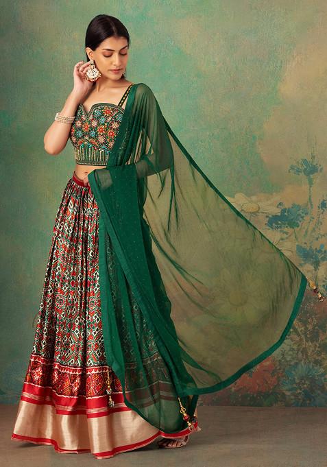 Green Abstract Print Satin Lehenga Set With Embroidered Blouse And Dupatta