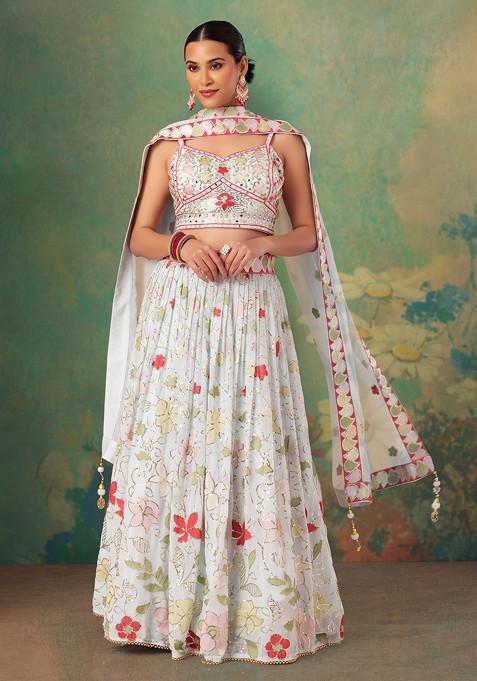 Powder Blue Floral Embellished Lehenga Set With Embroidered Blouse And Dupatta