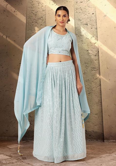 Powder Blue Abstract Embroidered Lehenga Set With Embroidered Blouse And Dupatta