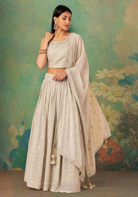 Grey Abstract Embroidered Lehenga Set With Embellished Blouse And Dupatta