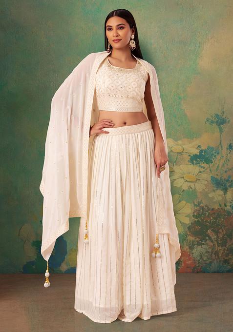 Ivory Sequin Embroidered Lehenga Set With Embellished Blouse And Dupatta