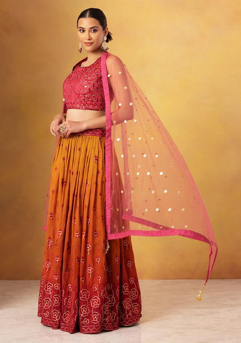 Buy Powder Pink Silk Lehenga With A Royal Blue Hand Embroidered Blouse With  Orange Net Dupatta