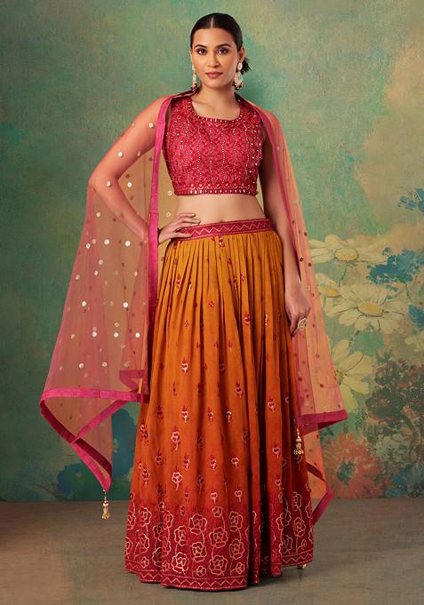 Orange Floral Embroidered Lehenga Set With Contrast Embroidered Blouse And Dupatta