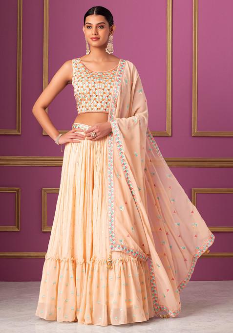 Peach Embroidered Lehenga Set With Geometric Embroidered Blouse And Dupatta