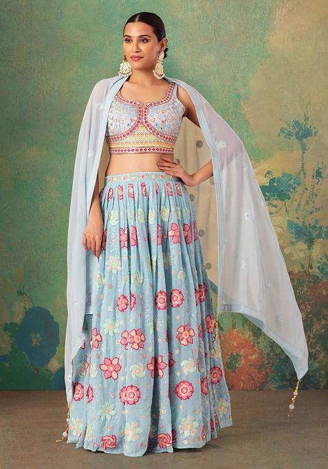 Powder Blue Floral Embroidered Lehenga Set With Embroidered Blouse And Dupatta