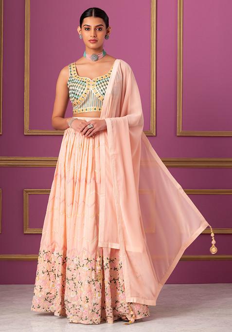 Pastel Pink Floral Mirror Embellished Lehenga Set With Embroidered Blouse And Dupatta