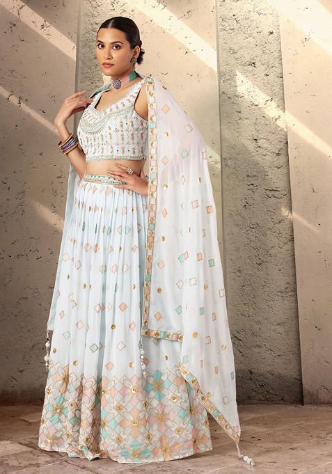Pastel Blue Mirror Embellished Lehenga Set With Embroidered Blouse And Dupatta