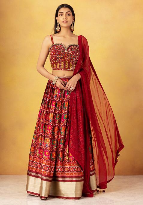 Sage-Maroon Print And Highlighted Corset Blouse Lehenga Set main image 1