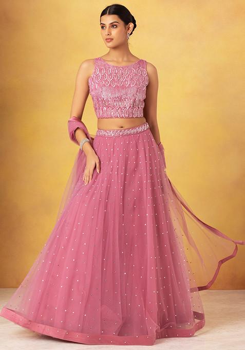 Dull Pink Embellished Mesh Lehenga Set With Sequin Embellished Blouse And Dupatta