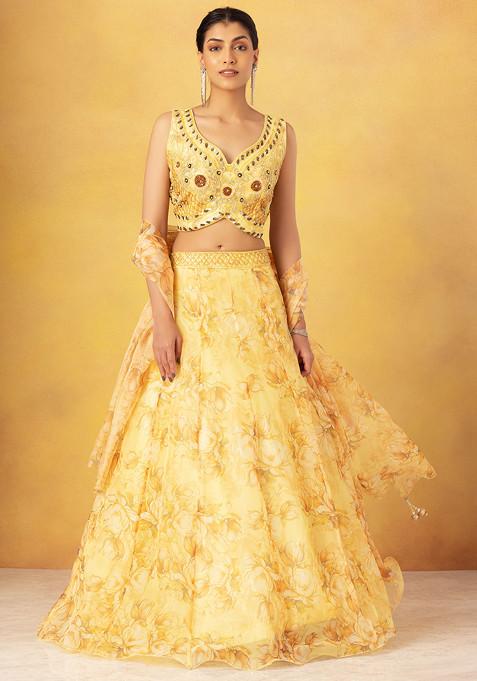 Yellow Floral Print Organza Lehenga Set With Embellished Blouse And Dupatta