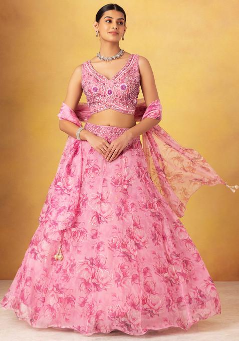 Pink Floral Print Organza Lehenga Set With Embellished Blouse And Dupatta