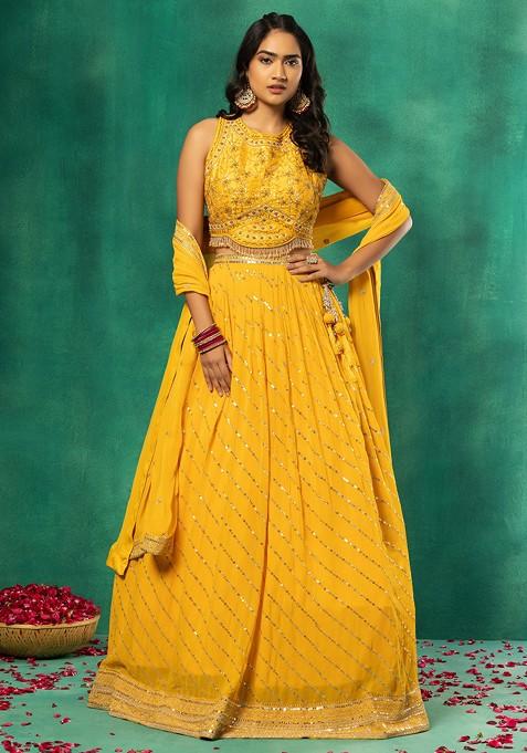 Mustard Embroidered Lehenga Set With Floral Embroidered Blouse And Dupatta