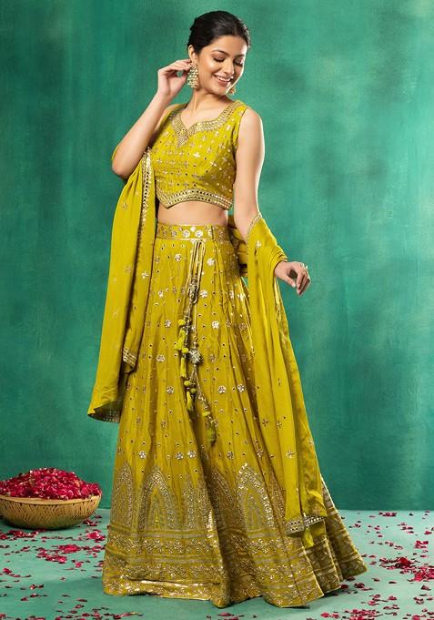 Lime Green Zari And Mirror Embroidered Lehenga Set With Embroidered Blouse And Dupatta