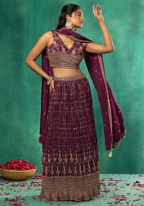 Purple Sequin Zari Stripe Embroidered Lehenga Set With Embroidered Blouse And Dupatta