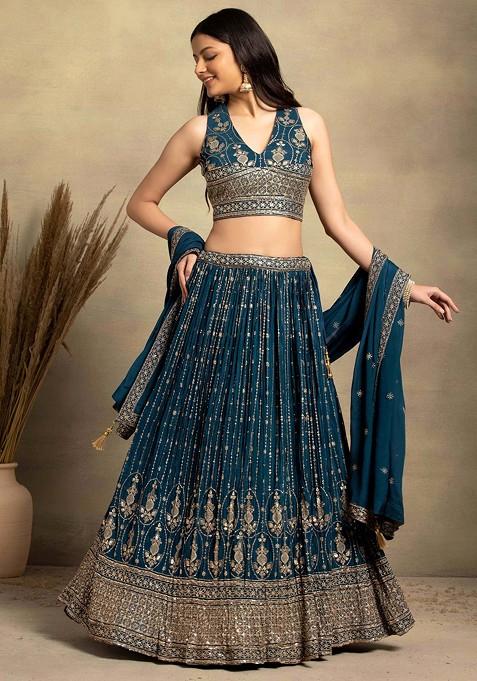 Teal Sequin Zari Stripe Embroidered Lehenga Set With Embroidered Blouse And Dupatta