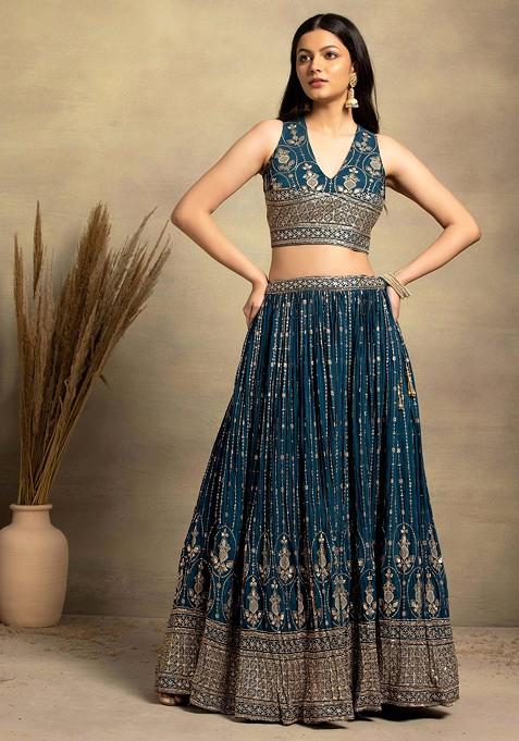 Buy Women Teal Sequin Zari Stripe Embroidered Lehenga Set With ...